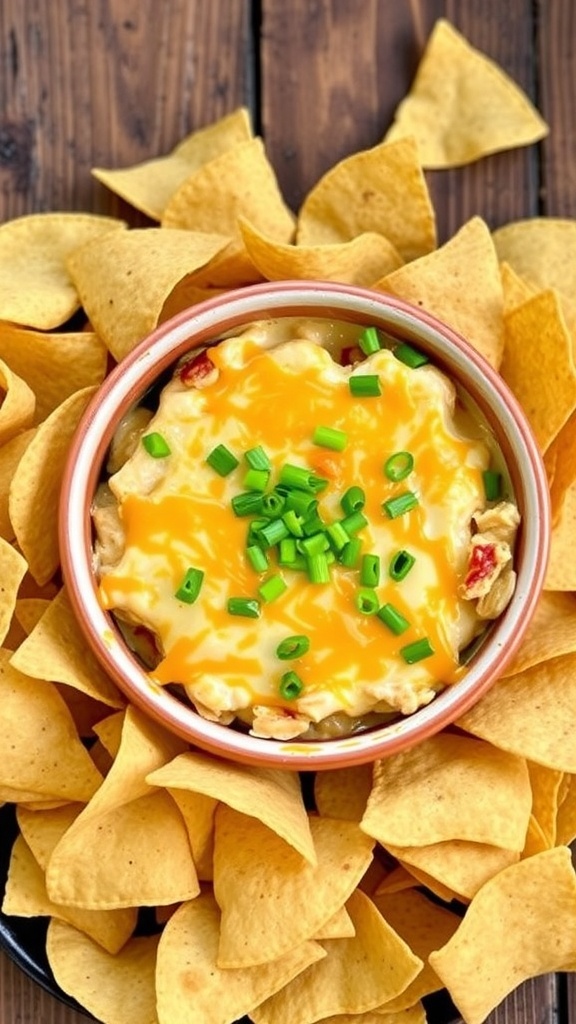 Creamy crab rangoon dip in a baking dish with tortilla chips on the side.